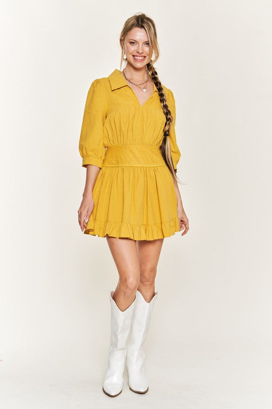 Eyelet detail 3/4 sleeve short dress JBJ1091-Charmful Clothing Boutique