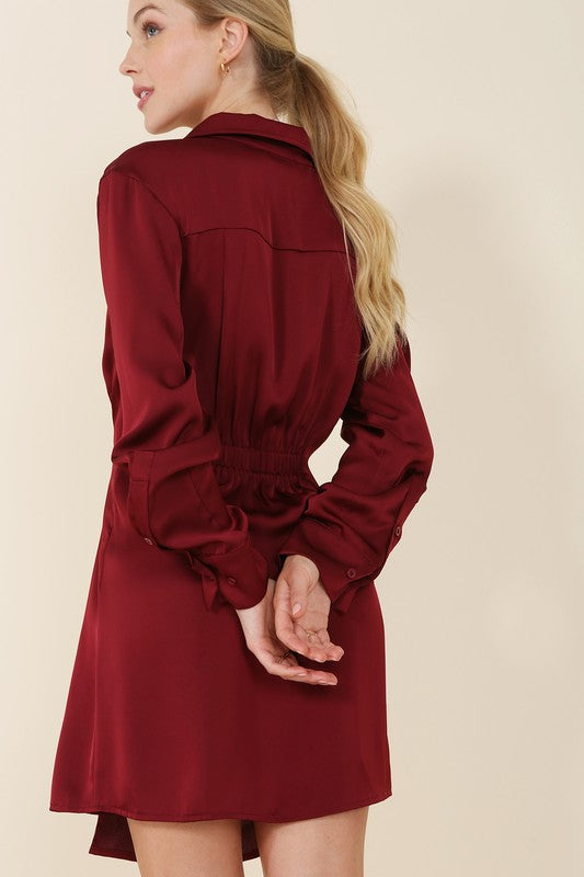 Satin collared wrap mini dress-Charmful Clothing Boutique