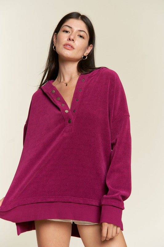Long Sleeve Button Down Ribbed Hooded Sweatshirt-Charmful Clothing Boutique