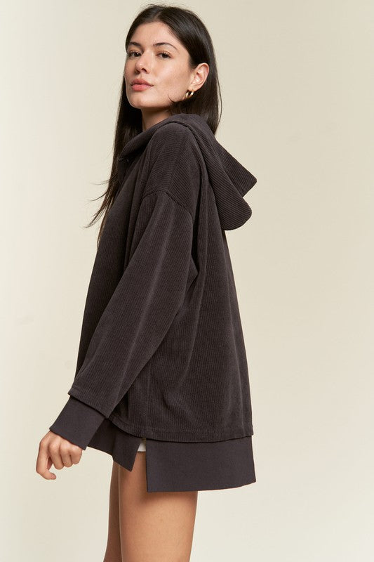 Long Sleeve Button Down Ribbed Hooded Sweatshirt-Charmful Clothing Boutique