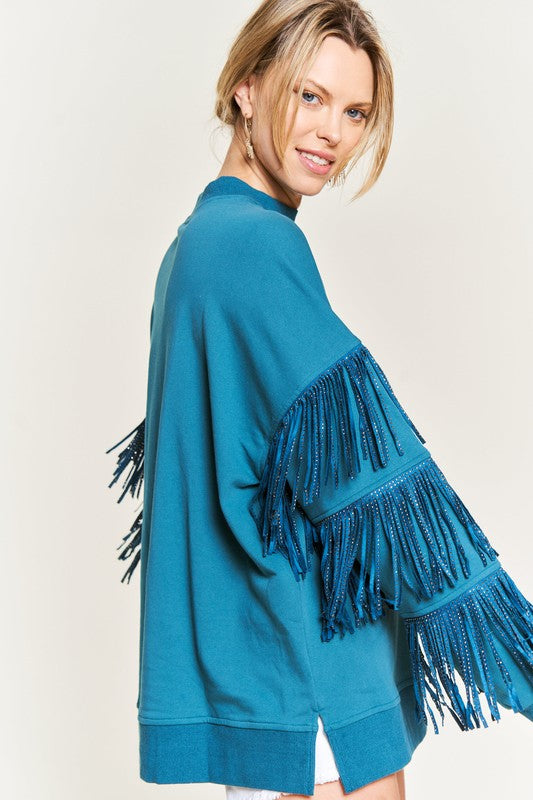 Silver studded fringe sleeve top JJT5009-Charmful Clothing Boutique