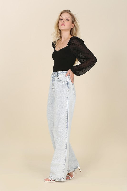 LS shirring sleeve bodysuit-Charmful Clothing Boutique