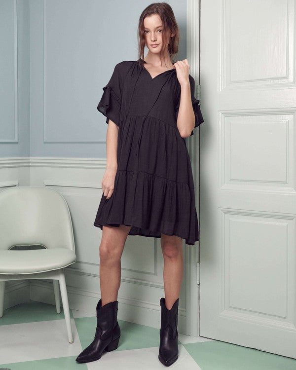 Ruffled neck tiered mini dress JBJ1054A-Charmful Clothing Boutique
