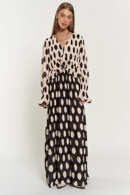 Polka Dot Ruffled Long Sleeve Pleated Maxi Dress-Charmful Clothing Boutique