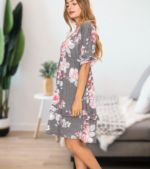 Floral V Neck Ruffle Dress-Charmful Clothing Boutique
