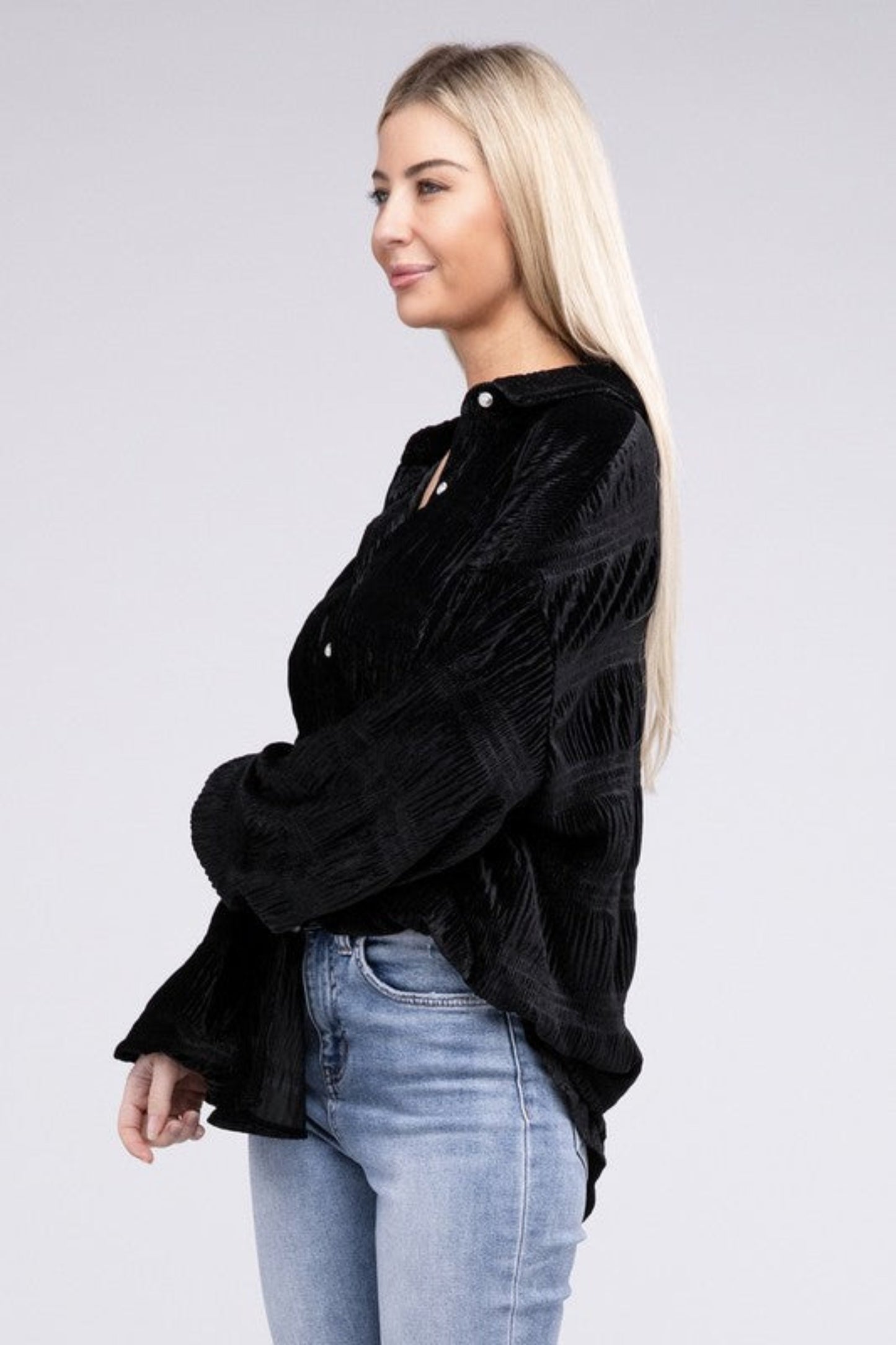 Wrinkle Effect Tiered Shirring Velvet Shirt-Charmful Clothing Boutique