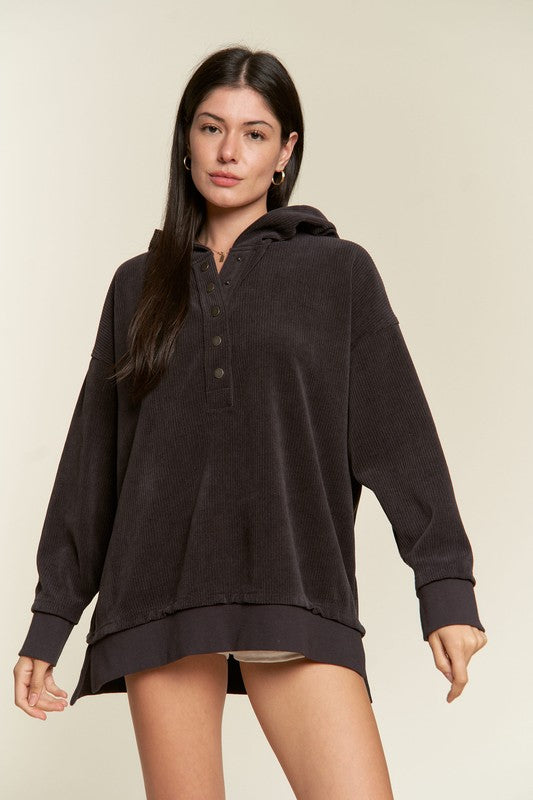 Long Sleeve Button Down Ribbed Hooded Sweatshirt-Charmful Clothing Boutique