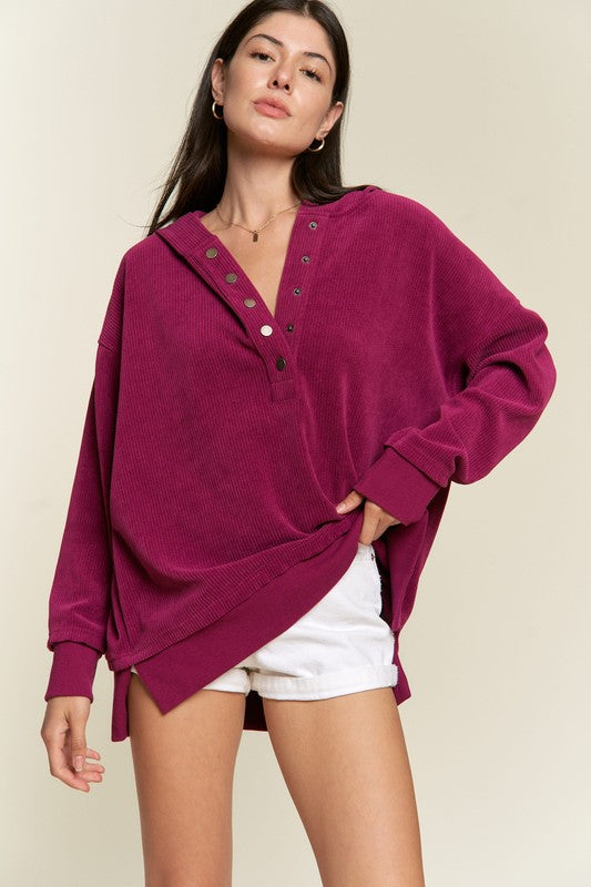 Long Sleeve Button Down Ribbed Hooded Sweatshirt-Charmful Clothing Boutique