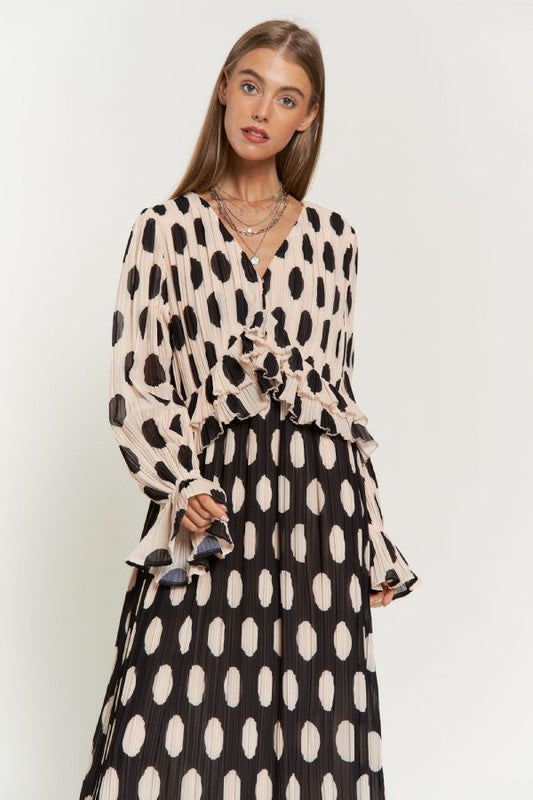 Polka Dot Ruffled Long Sleeve Pleated Maxi Dress-Charmful Clothing Boutique