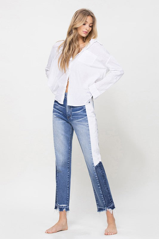 Super HIgh RIse Straight W/Side Blocking Panel-Charmful Clothing Boutique
