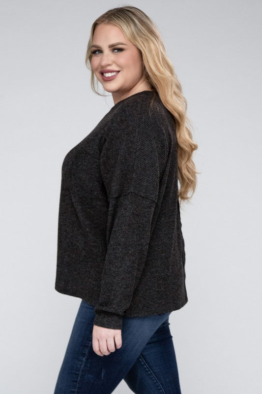 Plus Ribbed Brushed Melange Hacci Sweater-Charmful Clothing Boutique