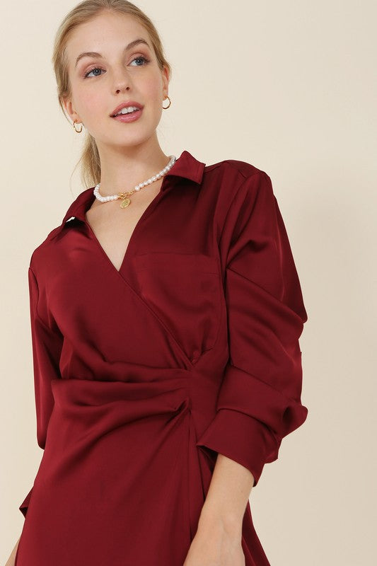 Satin collared wrap mini dress-Charmful Clothing Boutique