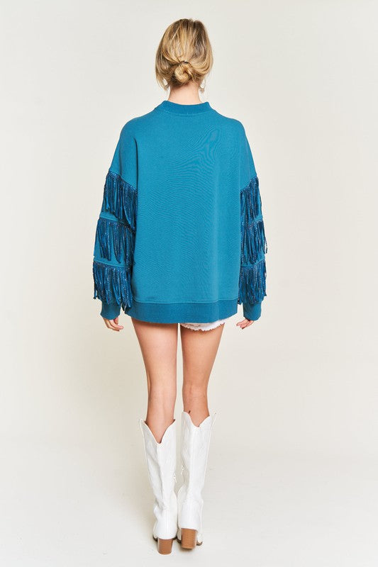 Silver studded fringe sleeve top JJT5009-Charmful Clothing Boutique