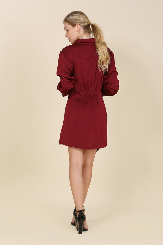Satin collared wrap mini dress-Charmful Clothing Boutique