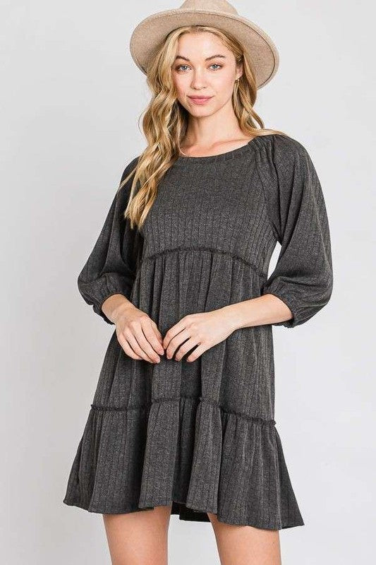 SOLID RIB CASUAL BABYDOLL TIERED DRESS-Charmful Clothing Boutique