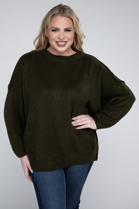 Plus Oversized Round Neck Raw Seam Melange Sweater-Charmful Clothing Boutique