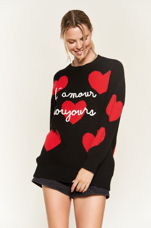HEART PRINT OVERSIZED SWEATER DH5960D-Charmful Clothing Boutique
