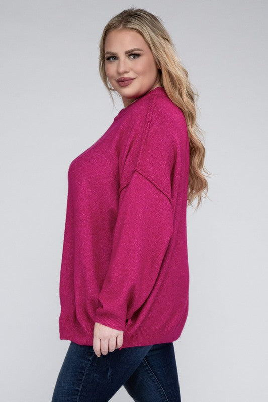 Plus Oversized Round Neck Raw Seam Melange Sweater-Charmful Clothing Boutique