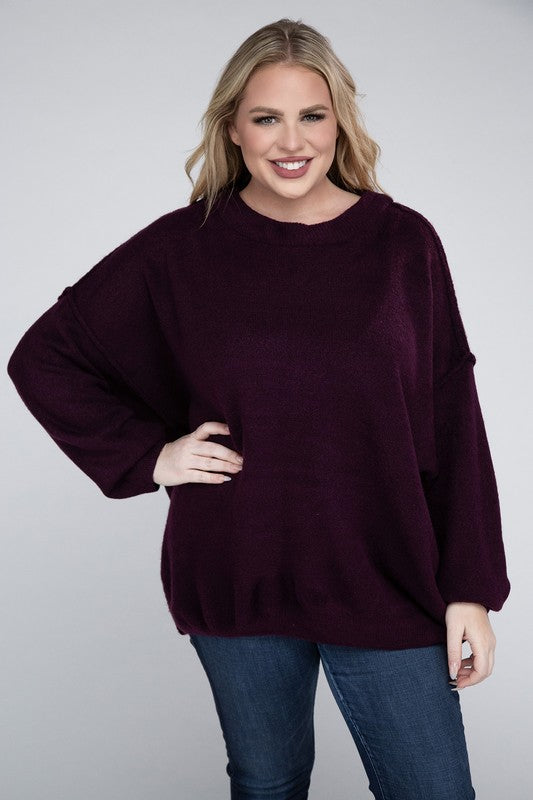 Plus Oversized Round Neck Raw Seam Melange Sweater-Charmful Clothing Boutique