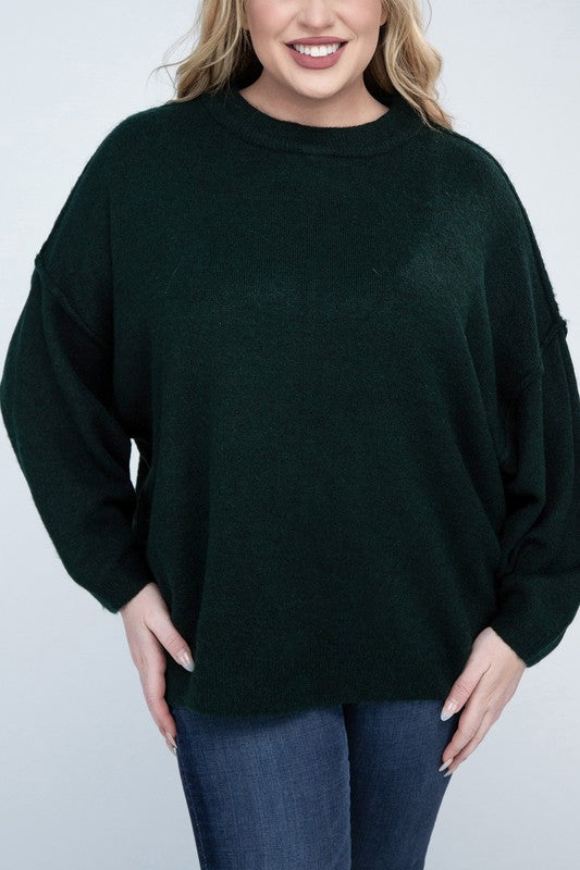 Plus Oversized Round Neck Raw Seam Melange Sweater-Charmful Clothing Boutique