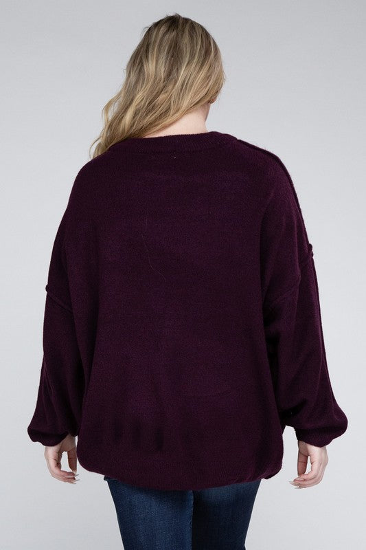 Plus Oversized Round Neck Raw Seam Melange Sweater-Charmful Clothing Boutique