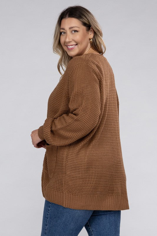 Plus Low Gauge Waffle Open Cardigan Sweater-Charmful Clothing Boutique