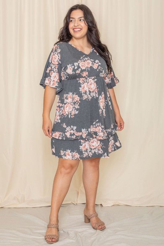 Floral V Neck Ruffle Dress-Charmful Clothing Boutique