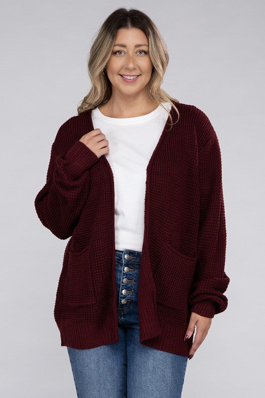 Plus Low Gauge Waffle Open Cardigan Sweater-Charmful Clothing Boutique