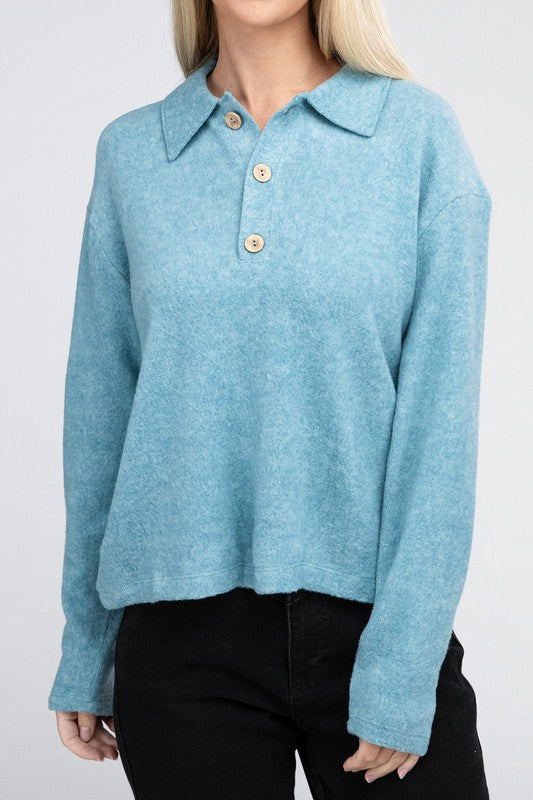 Brushed Melange Hacci Collared Sweater-Charmful Clothing Boutique