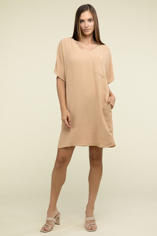 Woven Airflow V Neck T-Shirt Dress with Pockets-Charmful Clothing Boutique