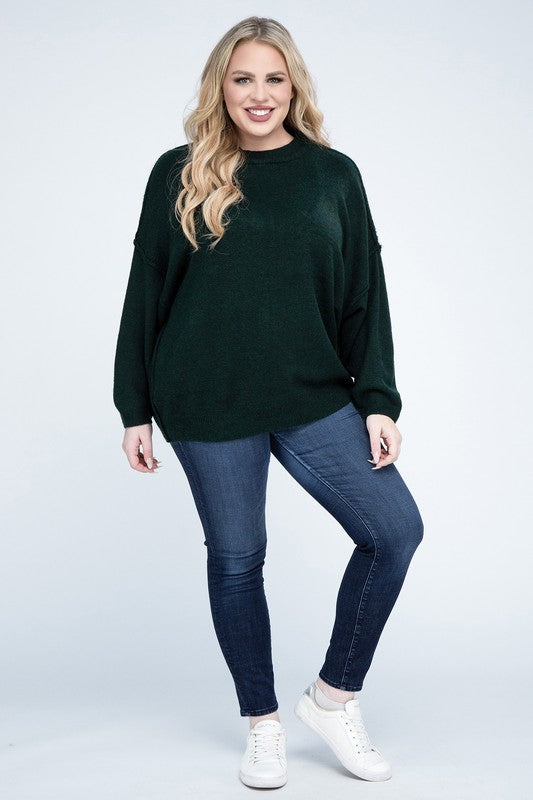 Plus Oversized Round Neck Raw Seam Melange Sweater-Charmful Clothing Boutique