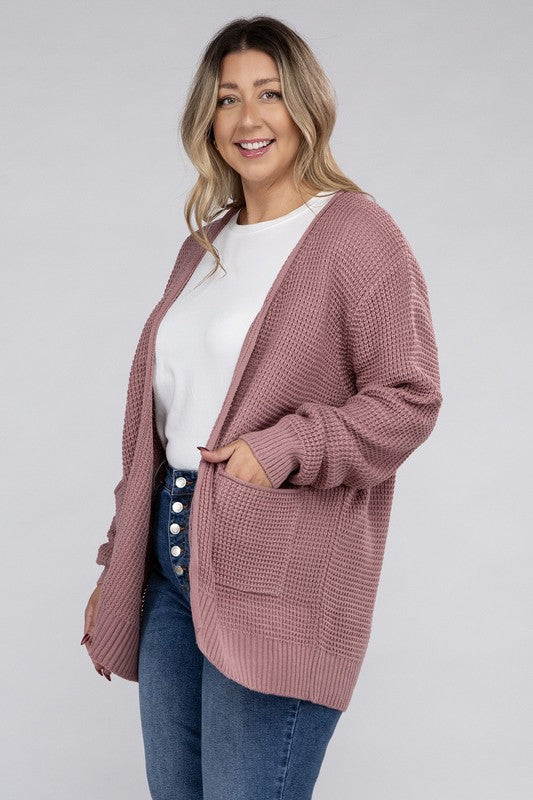 Plus Low Gauge Waffle Open Cardigan Sweater-Charmful Clothing Boutique