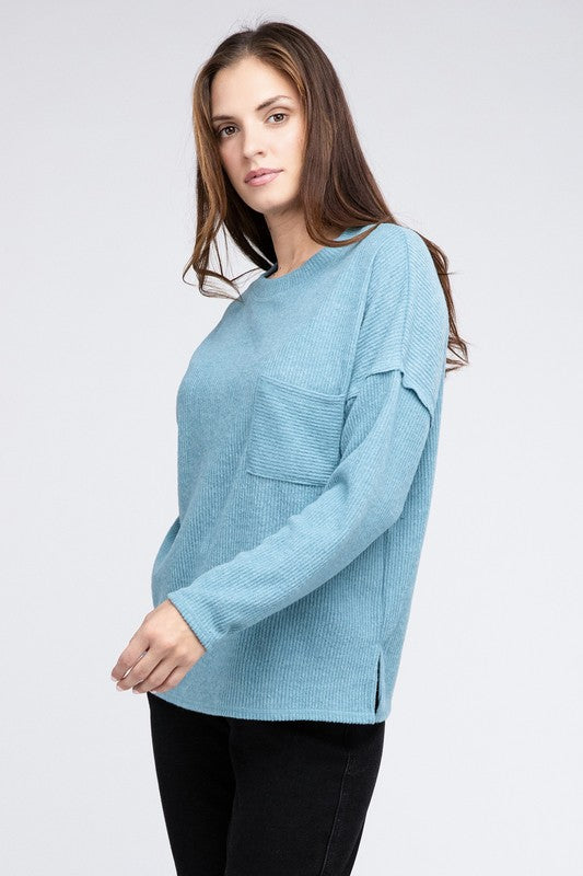 Ribbed Brushed Melange Hacci Sweater with a Pocket-Charmful Clothing Boutique