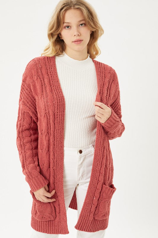 Chenille Cable Knit Oversized Open Front Cardigan-Charmful Clothing Boutique