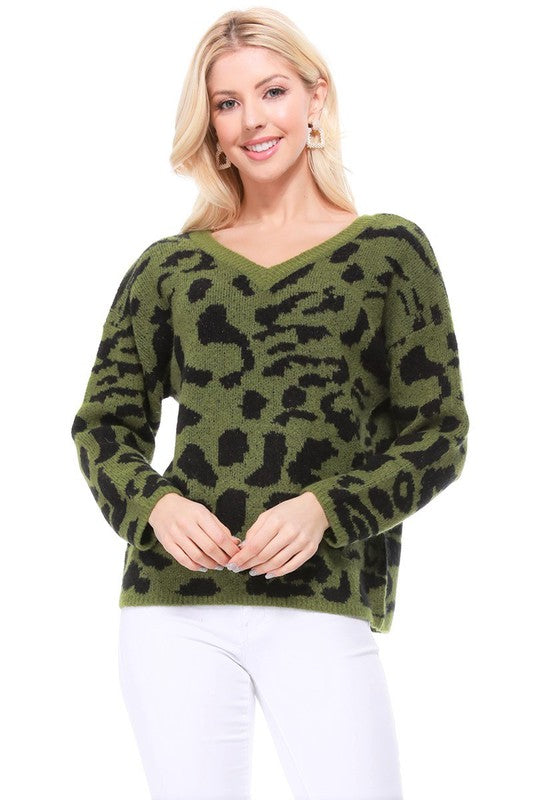 Leopard Pattern Jacquard Sweater Pull Over Top-Charmful Clothing Boutique