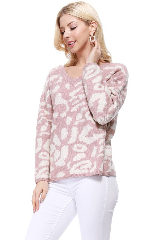 Leopard Pattern Jacquard Sweater Pull Over Top-Charmful Clothing Boutique