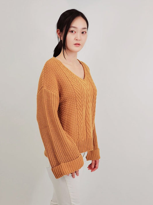 V Neck Bell-Sleeve Cable-Knit Oversize Sweater Top-Charmful Clothing Boutique