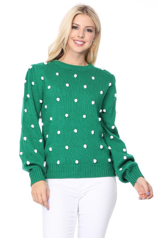 Pom Pom Crochet Polka Dot Round Neck Sweater Top-Charmful Clothing Boutique