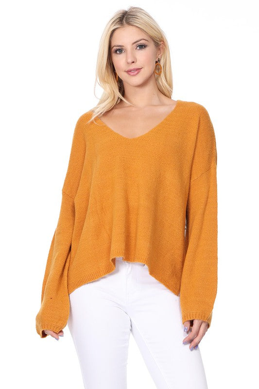 Wide V-Neck Oversized Sweater Top w. Side Slit-Charmful Clothing Boutique