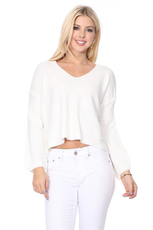 Wide V-Neck Oversized Sweater Top w. Side Slit-Charmful Clothing Boutique