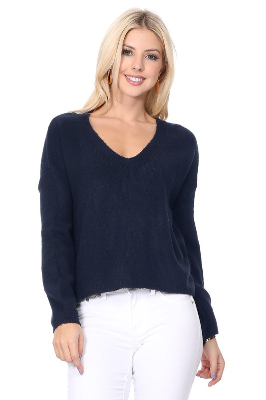 Wide V-Neck Oversized Sweater Top w. Side Slit-Charmful Clothing Boutique