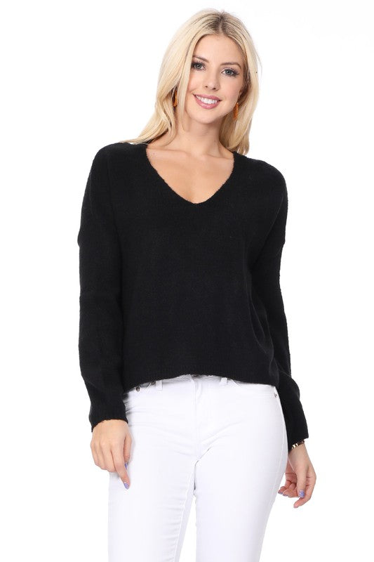 Wide V-Neck Oversized Sweater Top w. Side Slit-Charmful Clothing Boutique