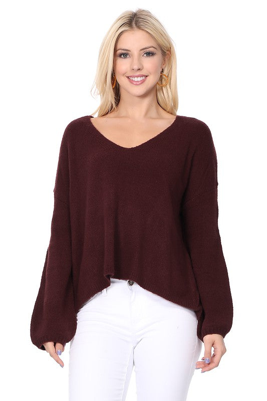 Wide V-Neck Oversized Sweater Top w. Side Slit-Charmful Clothing Boutique