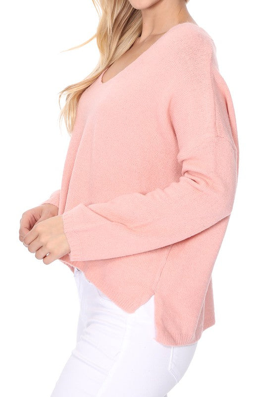 Wide V-Neck Oversized Sweater Top w. Side Slit-Charmful Clothing Boutique