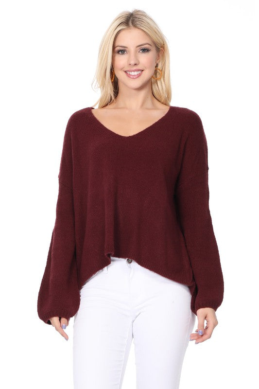 Wide V-Neck Oversized Sweater Top w. Side Slit-Charmful Clothing Boutique