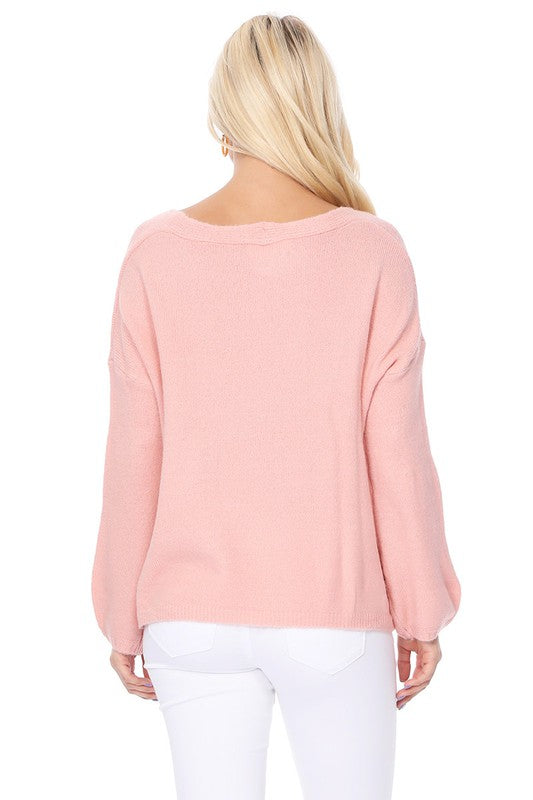 Wide V-Neck Oversized Sweater Top w. Side Slit-Charmful Clothing Boutique