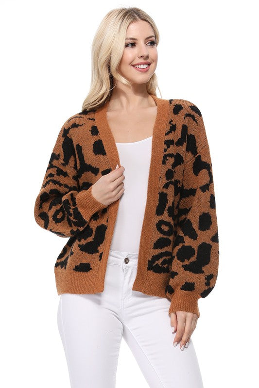 Leopard Jacquard Open Front Shrug Cardigan-Charmful Clothing Boutique