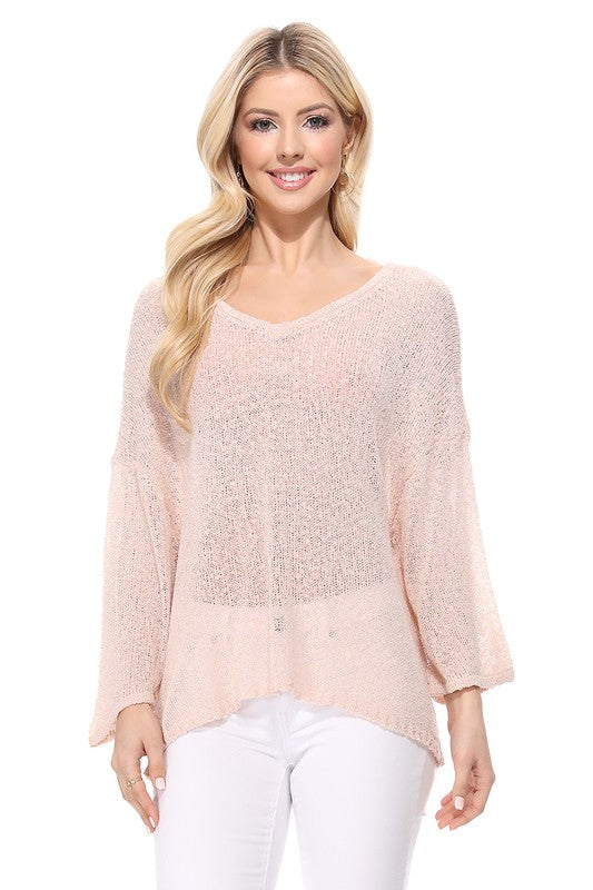 Open Back Sheer Batwing Sleeve Stretch Knit Top-Charmful Clothing Boutique