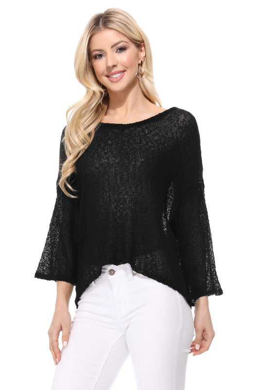 Open Back Sheer Batwing Sleeve Stretch Knit Top-Charmful Clothing Boutique