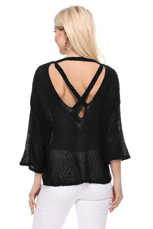 Open Back Sheer Batwing Sleeve Stretch Knit Top-Charmful Clothing Boutique